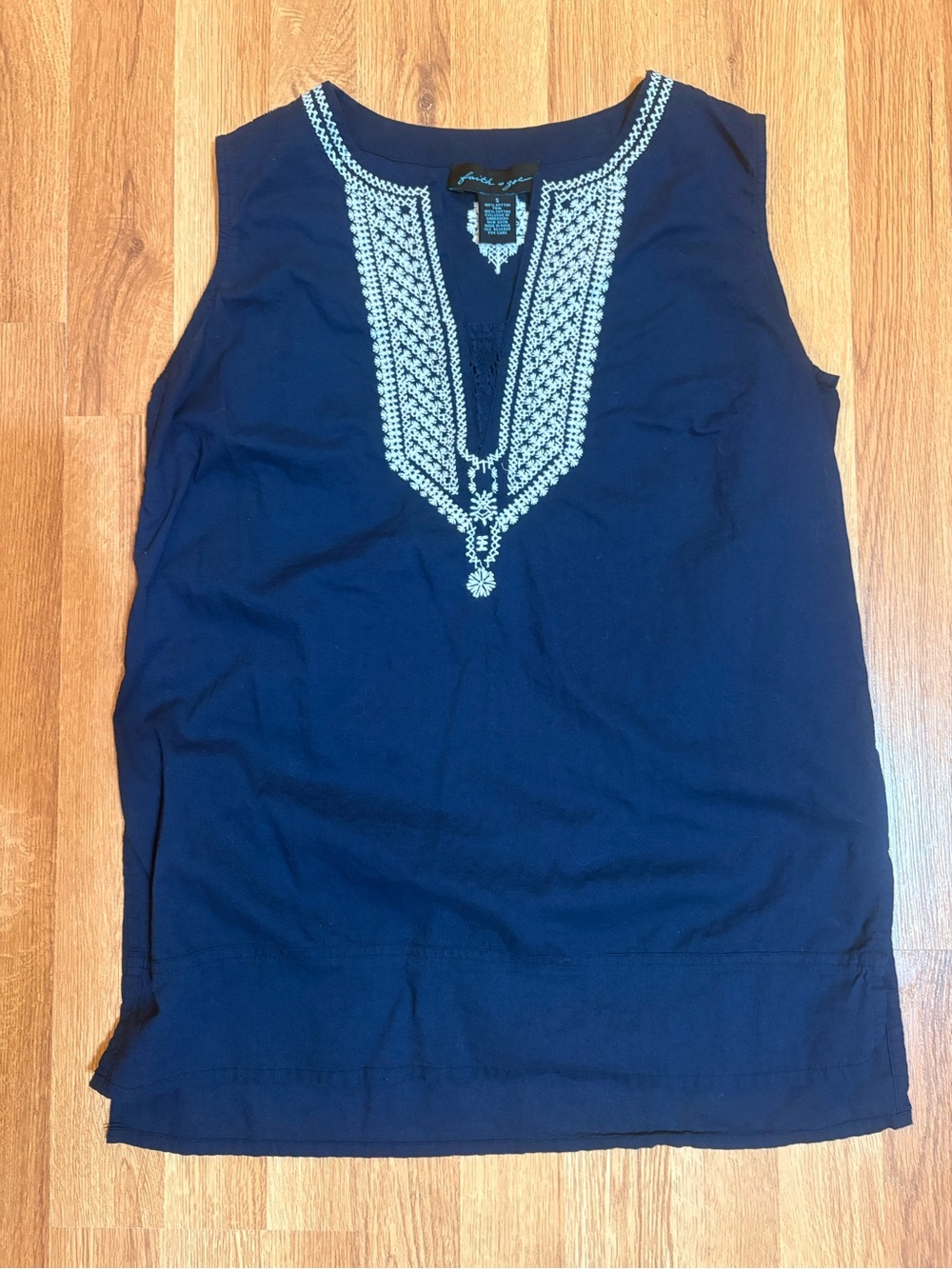 Faith & Zoe Navy Blue Sleeveless Cotton Embroidered Sleeveless Boho Tunic Top S